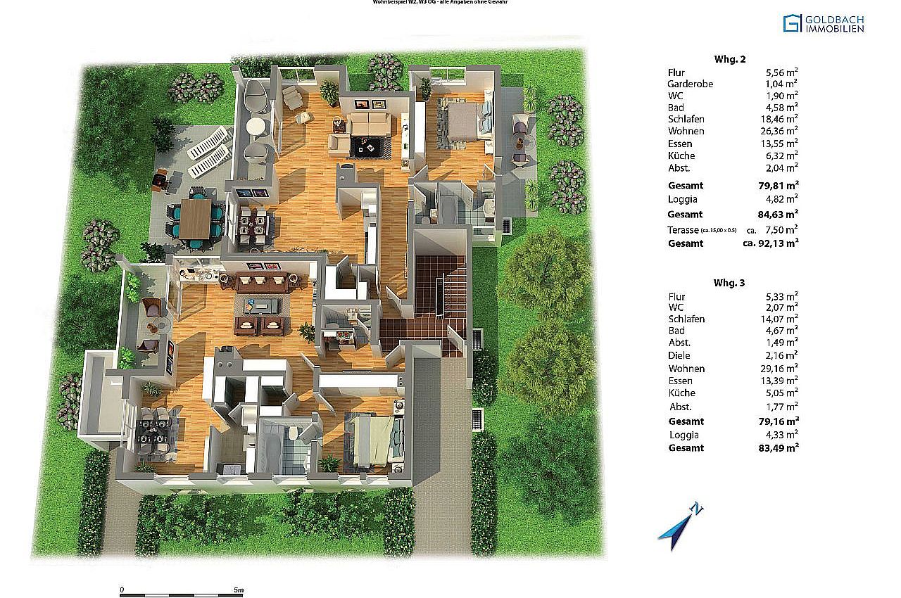 GOLDBACH Immobilien | Wohnbeispiel OG Wohnung 2 und 3 mit Beispiel-Terrasse